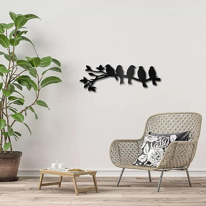CREATCABIN Birds on Branch Metal Wall Art Decor Iron Wall Art 5 Birds Black Hollow Sculpture Hanging Decor Rustic Tree Ornament Hanging Sign for Indoor Outside Living Room Home Office 12 x 4Inch