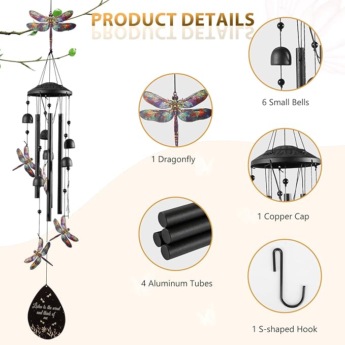 Dragonfly Wind Chime for Outside, Alloy Material Windchimes Outdoors, Fun Black Wind Chimes, for Outdoor, Garden, Yard, Patio Decoration, Gifts for Mom Neighbor Friend Unisex, Valentine's Day Gifts