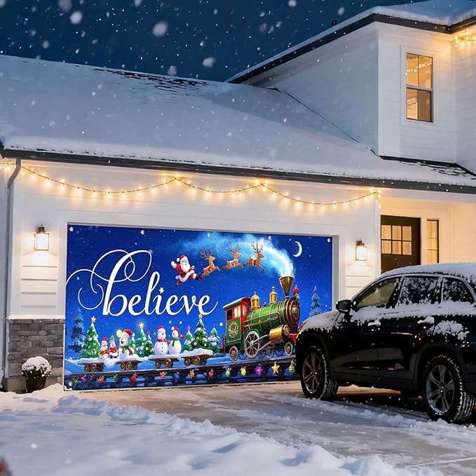 IVN Christmas Garage Door Cover Decoration 13x6ft Night Sky Train Sleigh and Stars Merry Christmas Garage Door Banner Home Door Front Yard Decor for Xmas Eve Holiday Outdoor