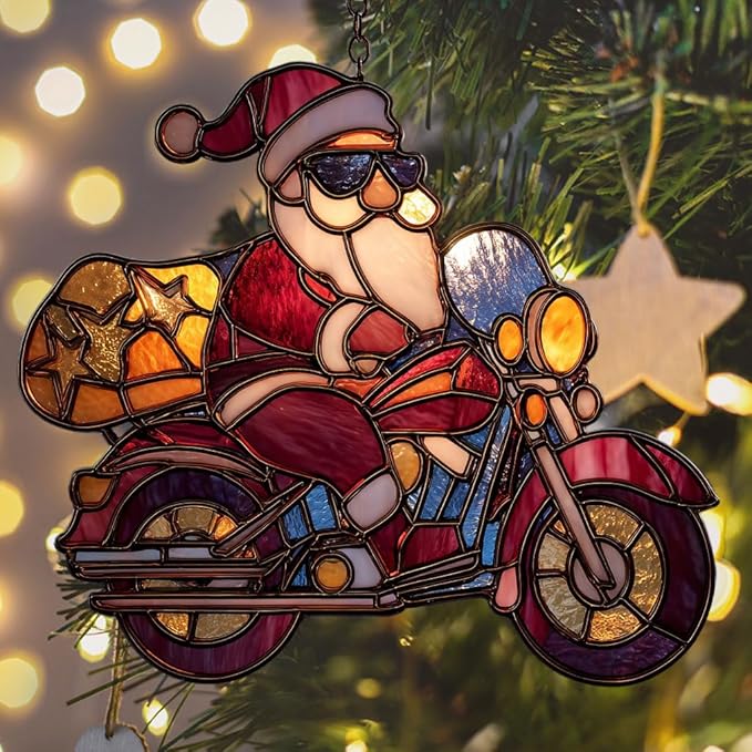 Cool Santa Riding Motorcycle Mosaic Acrylic Suncatcher Stained Glass Effect Window Car Hanging Christmas Ornament Indoor Outdoor Decor Garden Sun Catcher Panel for Women Mom Grandma