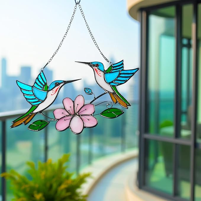 Stained Glass Window Hanging, Duo-Humming Bird Style, Colorful Sun Catcher Panel for Indoor/Outdoor Décor, Garden & Coastal Ornament, Handmade Glass Wall Art Gift for Women and Mom & Bird Lovers