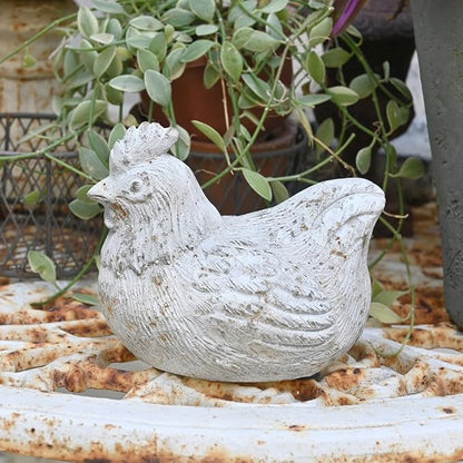 Chicken Figurine Chicken Kitchen Decor Cement Hen Figurine Rustic Hen Garden Statues Figurines Artwork for Outdoor, Backyard, Patio and Home Kitchen Decoration(White)