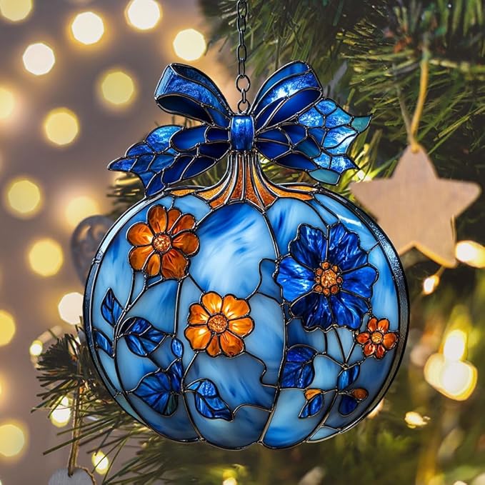 Blue Floral Pumpkin Acrylic Suncatcher Stained Glass Effect Window Car Hanging Christmas Ornament Indoor Outdoor Decor Garden Sun Catcher Panel for Halloween Lover for Women Mom Grandma