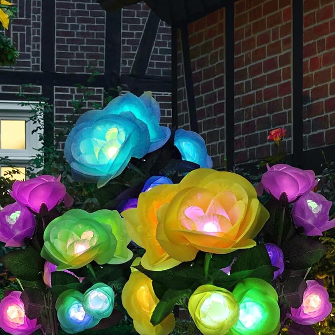 Solar Flowers Lights - Solar Garden Lights Outdoor Waterproof Yellow Rose, 40 Hours Color Changing Solar Powered Outside Decor Decoration for Yard Patio Pathway Lawn, Gifts for Mom, 2pcs