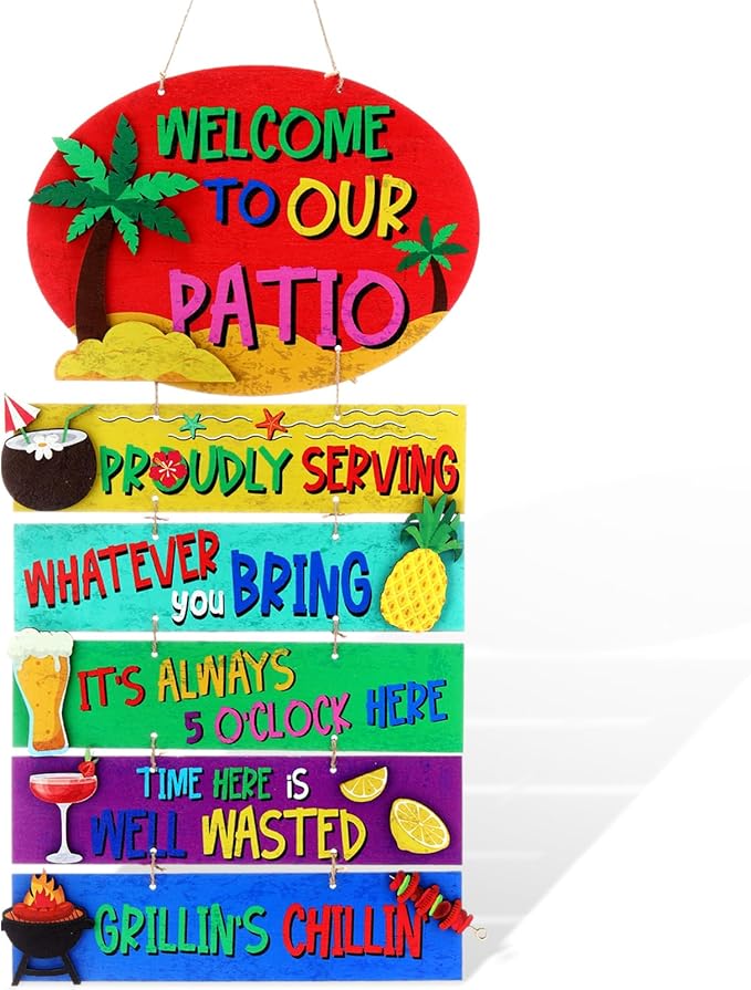 RattanView Large Welcome to Our Patio Sign Outdoor 26 x 13 Inch DIY Wooden Patio Decor Jumbo Backyard Plaque Wall Hanger BBQ Party Tiki Tropical Bar Decor for Home Outdoor Yard Housewarming Gift