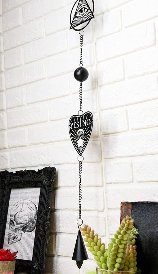 Ebros Ouija Board Planchette and All Seeing Eye of Providence Black Coated Steel Metal Wall Hanging Wind Chime with Beads Home and Patio Decor Wicca Occult Mobile Noisemaker