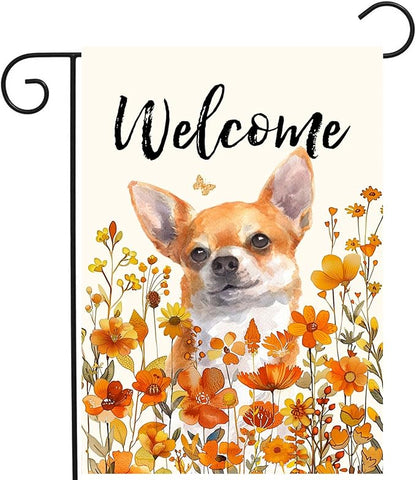 Chihuahua Fall Garden Flag Autumn Dog Yard Sign Orange Floral Thanksgiving Outdoor Banners for Outside 12x18 Double Sided Small Wild Flower Lawn Decorations