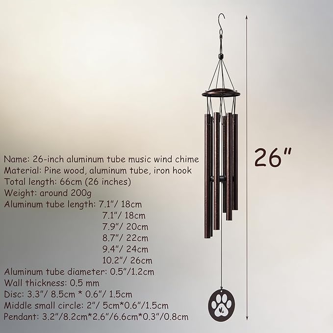 Premium Metal Pet Memorial Wind Chime with Paw Print, Black, for Dog Cat Remembrance, Garden Outdoor Sympathy Bereavement Gift (26inch)