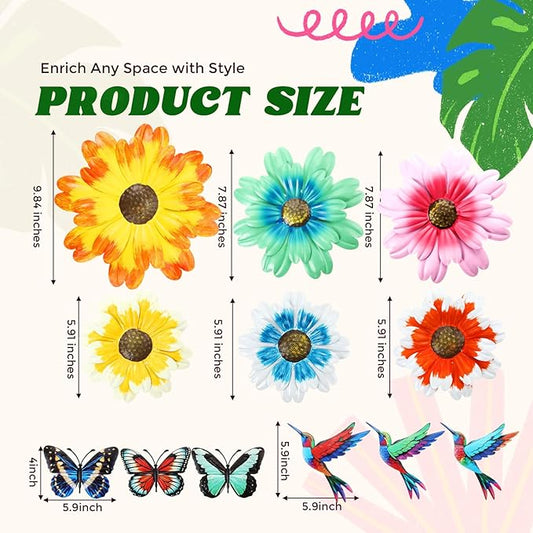Colingmill 12 Pack Metal Flowers Butterfly Hummingbird Wall Art Decor 3D Metal Outdoor Wall Hanging Sculptures Decoration for Outdoor Garden Fence Yard Patio Indoor Living Room Balcony(Yellow)