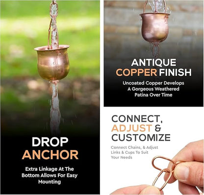 8.5’ Long Copper Rain Chain, Decorative Cups & Chimes, Gutter Downspout Replacement, Water Diverter for Home, Pot Style, Universal Fit