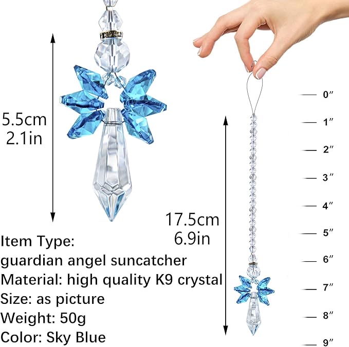 Rainbow Guardian Angel Crystal Suncatcher for Home Car Decoration Porch Decor Hangings Crystal Glass Ornament for Mom Women (Blue)