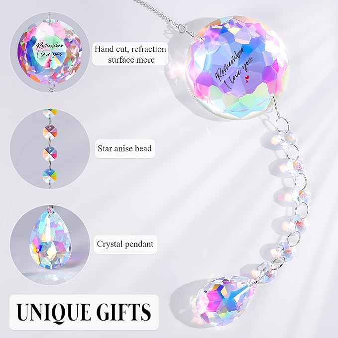 Remember I Love You Crystal Sun Catcher - 22 Inch Hanging Prism Ornament, K9 Crystal Rainbow Decor for Window Garden, Ideal Gifts for Mom Wife Girlfriend on Christmas Birthday Anniversary