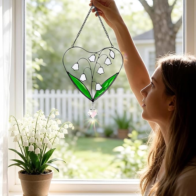 Lily of The Valley Sun Catcher Stained Glass Window Hanging - IDEA SHOW 6.6 Inch Handmade Real Glass Suncatcher Ornaments, Memorial Gifts for Women, Mom, Plant Lover Gifts for Indoor Home Wall Decor