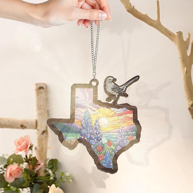 FLAGWIX Texas Suncatchers Decorations - Double Layered Window Suncatcher Hanging Ornament 8 in - Texas Western Gifts for Women Men, Mockingbird Sun Catchers Indoor Garden Decor, Gifts for Texans