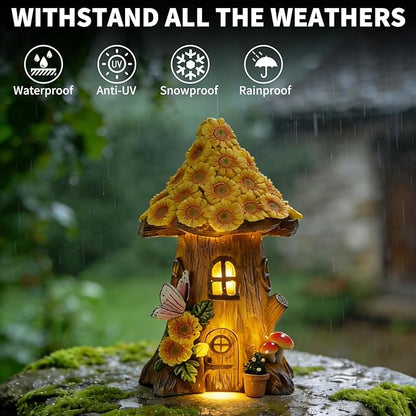 Resin Sunflower House Statue Solar Light, LED Waterproof Decorative Light, Birthday Gifts for Women Mom Grandma, Outdoor Sunflower Garden Statue Decoration for Garden Yard Patio Lawn Balcony Porch