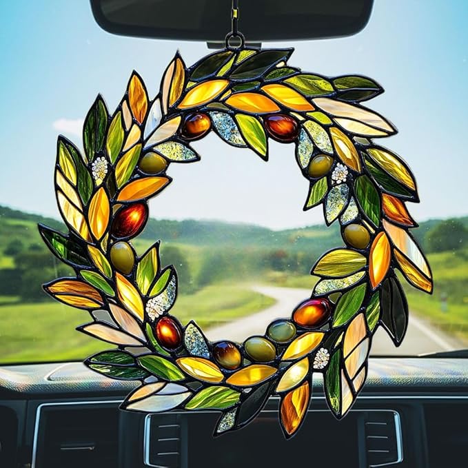 Mistletoe Wreath Acrylic Suncatcher Stained Glass Effect Window Car Hanging Christmas Ornament Indoor Outdoor Decor Garden Sun Catcher Panel for Christmas Lover for Women Mom Grandma