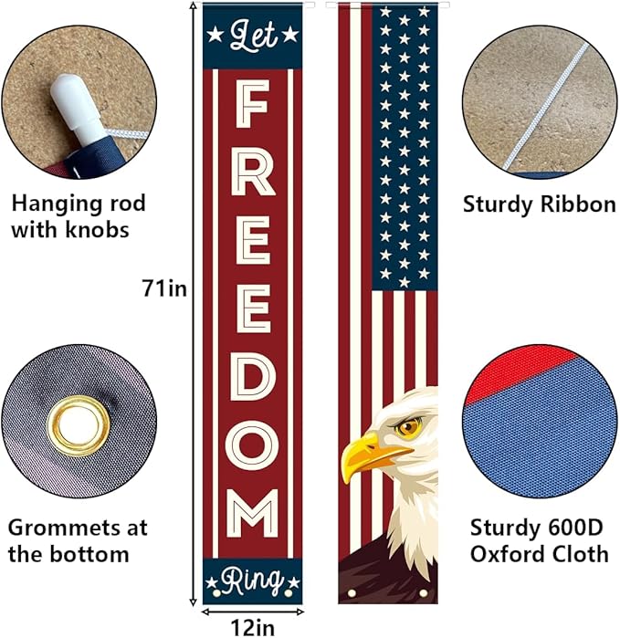 4th of July Decorations, Patriotic Decorations of Hanging American Flag Banners Porch Signs 12 x 71 in for Memorial Day Independence Day Veterans Day Labor Day for Yard Indoor Outdoor Décor