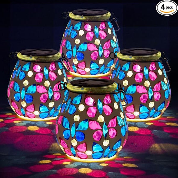 Stargarden 4 Pack Mosaic Solar Lanterns, Glass Hanging Lantern Waterproof Outdoor Hanging Solar Lights Butterfly Decorative Lantern for Garden ,Patio,Yard Decor