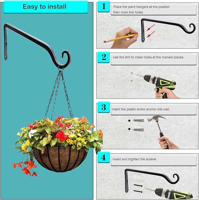 LOOGI Hanging Plant Bracket, Wall Hook Plant Hanger 10 Inch Decorative Hooks for Indoor Planter Lantern, Outdoor Bird Feeder Wind Chime, 2 Pack Black