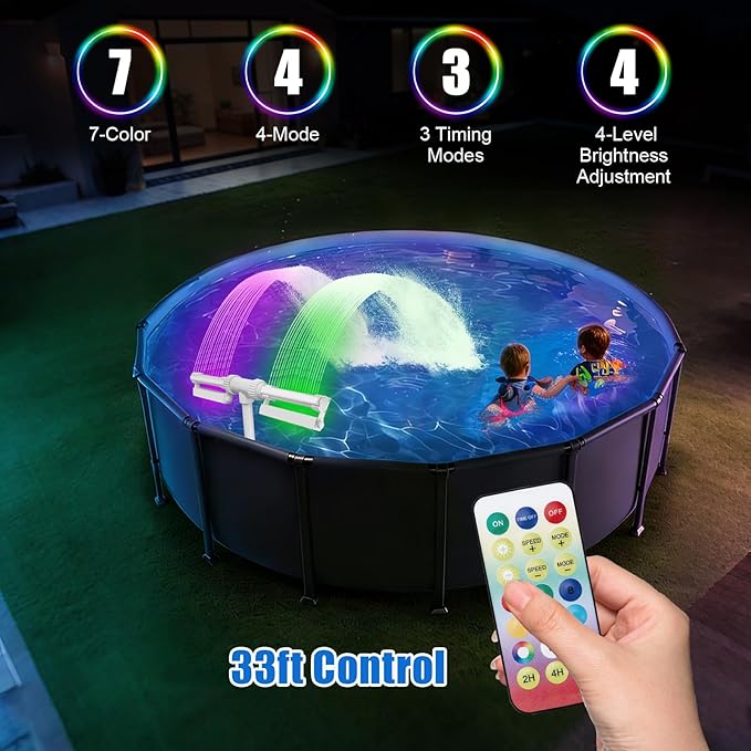 2PCS LED Lights for Pool Fountain, IP68 Waterproof 7-Color 4-Mode, Rechargeable Dual-Purpose with Remote & Clip-on Mount for Pool Waterfall/Underwater Use