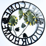 Hanging Sunflower and Butterfly Welcome Wreath, Outdoor Garden Ladybug Decor for Front Door, Porch or Backyard, Metal Construction
