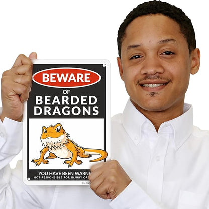 SmartSign Funny Beware Of Bearded Dragons Warning Sign - 10"x7", 40 mil Laminated Rust-free Aluminum - Metal Signs for Wall Decor, Outdoor, Patio, Gifts, Cafe - Dragon Theme, Made in USA