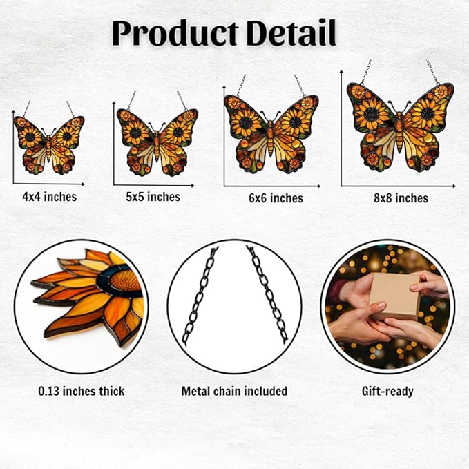 Sunflower Monarch Butterfly Acrylic Suncatcher Stained Glass Effect Window Car Hanging Christmas Ornament Indoor Outdoor Decor Garden Sun Catcher Panel for Butterfly Lover for Women Mom Grandma