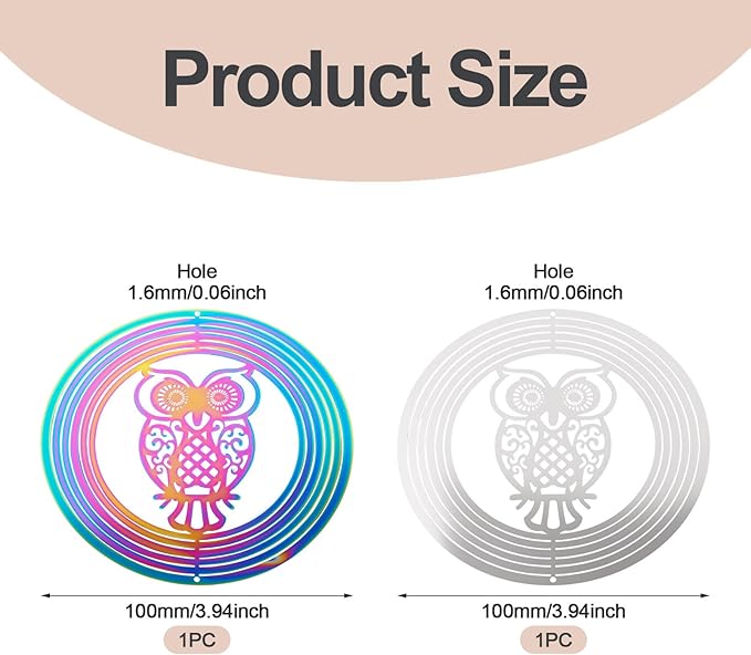 Stainless Steel Reflective Wind Spinners for Christmas Tree Decor 3D Owl Wind Chimes Gradient Etched Metal Embellishments for Outdoor Indoor Garden Hanging Decor 2Pcs