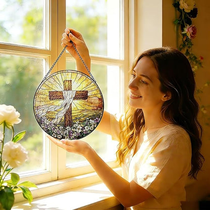 Stained Glass Cross Suncatcher Window Hanging, Christian Sun Catchers Indoor Window, Easter Suncatchers for Windows Hanging, Home Garden Decor Glass Panel, Religious Faith Christian Gift for Women Men