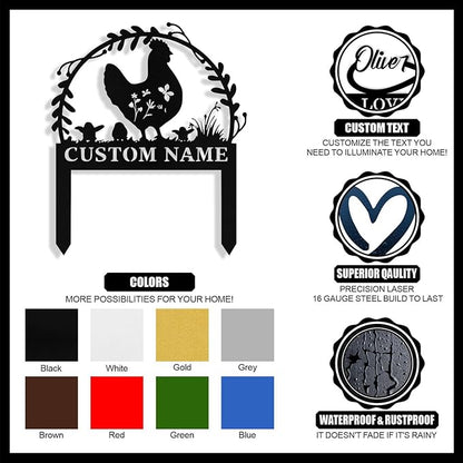 Personalized Metal Chicken Garden Signs with Stake, Custom Garden Signs for Outside Waterproof, Customized Name Sign Yard Lawn Gardens Decor Gardening Gifts for Moms Grandmas Gardeners