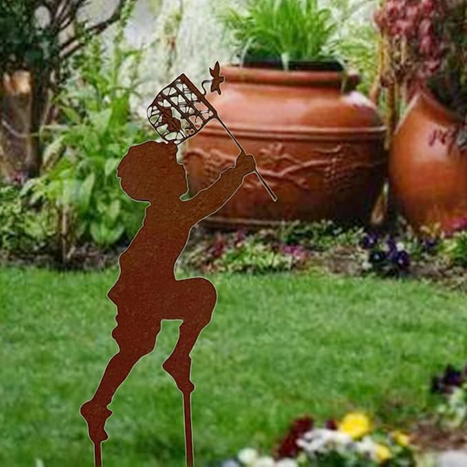 Iron Children Chasing Butterfly Statues Rustic Kids Silhouette Garden Yard Stakes Art Patio Porch Lawn Ornaments (Boy)