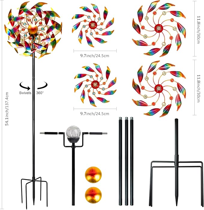 54" H Solar Wind Spinner Outdoor Metal Garden Decor - Kinetic Windmill Yard Art with Color-Changing LED Lights & Sparkling Gemstone - Waterproof Solar Pathway Lights for Lawn, Patio & Garden Gifts