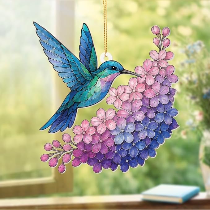 Hummingbird Stained Glass Ornament, Acrylic Window Hanging Suncatcher Decor, Bird Ornament for Car Rearview Mirror, Christmas Tree Decoration, Bookish Gifts for Bird Lovers, Home&Garden Decor(Sun-12)