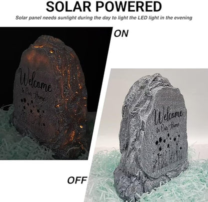 Garden Stone Sculpture with Flowers and Text Welcome to Our Home, Solar Resin Outdoor Sculpture, Suitable As Tomb Decoration for Gardens, Lawns, Cemeteries, Memorial Gifts, Home Decoration