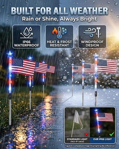 8 Solar American Flag Pathway Lights - Red, White & Blue Yard Glow for 250th Independence Celebration Us, Outdoor Garden Patriotic Decorations Set with Stake for 4th of July Party(16-Pieces)