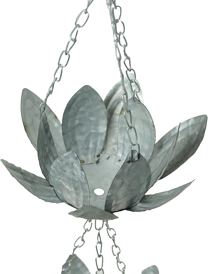 Zeckos Galvanized Grey Metal Lotus Flower Rain Chain Gutter Downspout Accent, 70 Inches Long - Installs Easily - Adding Charm and Style to Your Outdoor Space