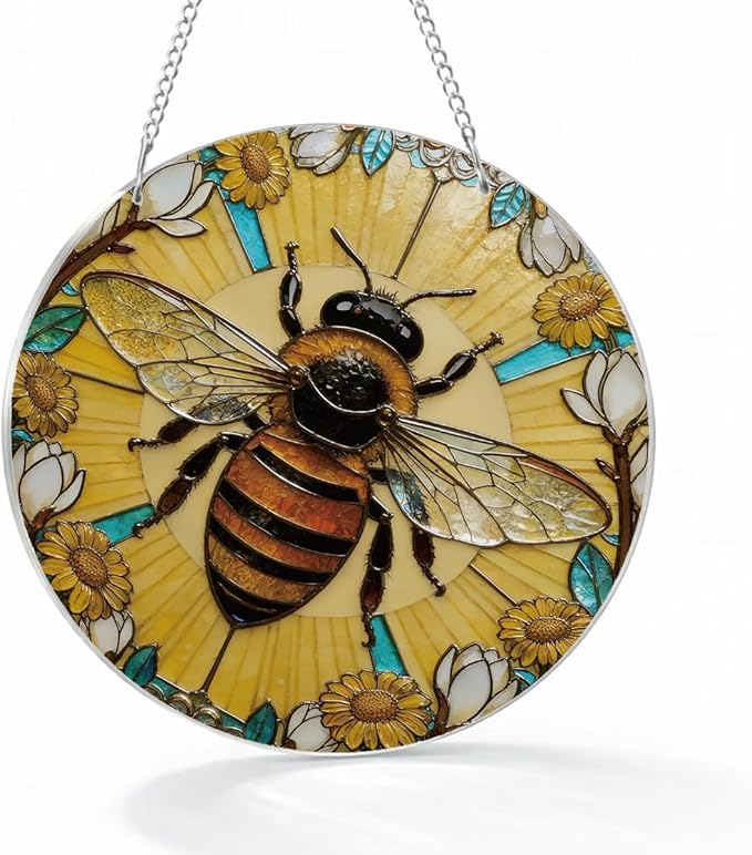 Bees Acrylic Suncatcher for Window Hanging, Indoor Window Wall Art, Hand-Painted Sun Catcher Garden Hangings, Mother's Day Birthday Gifts for Women Friends Mom and Nana