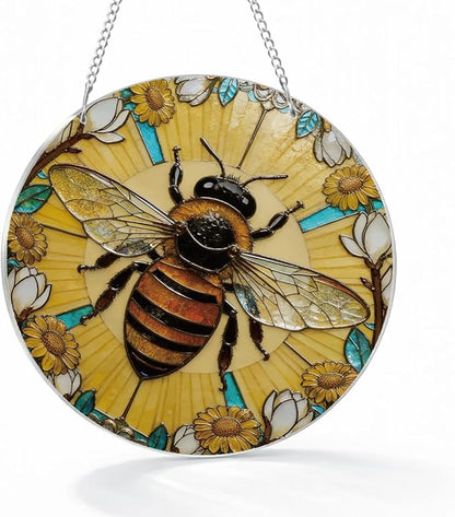 Bees Acrylic Suncatcher for Window Hanging, Indoor Window Wall Art, Hand-Painted Sun Catcher Garden Hangings, Mother's Day Birthday Gifts for Women Friends Mom and Nana