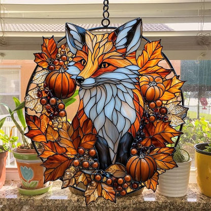 Autumn Cute Fox Acrylic Suncatcher Stained Glass Effect Window Car Hanging Christmas Ornament Indoor Outdoor Decor Garden Sun Catcher Panel for Fox Lover for Women Mom Grandma