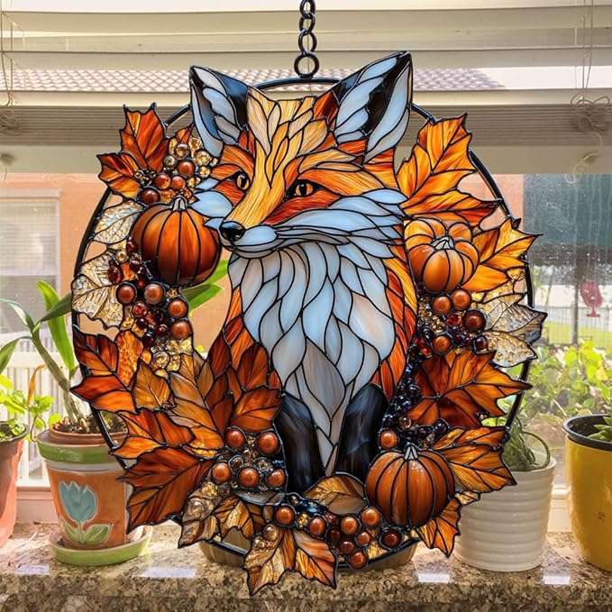 Autumn Cute Fox Acrylic Suncatcher Stained Glass Effect Window Car Hanging Christmas Ornament Indoor Outdoor Decor Garden Sun Catcher Panel for Fox Lover for Women Mom Grandma