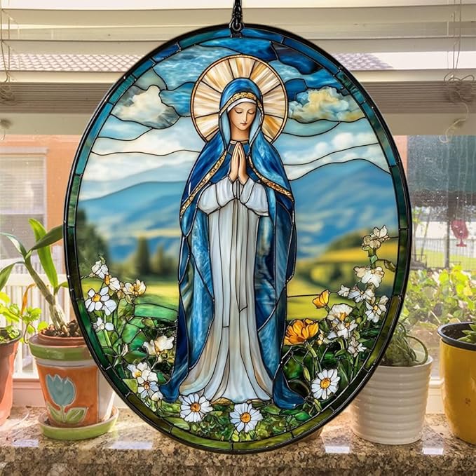 Virgin Mary Acrylic Suncatcher Stained Glass Effect Window Car Hanging Christmas Ornament Indoor Outdoor Decor Garden Sun Catcher Panel for Acrylic Suncatcher Lover for Women Mom Grandma
