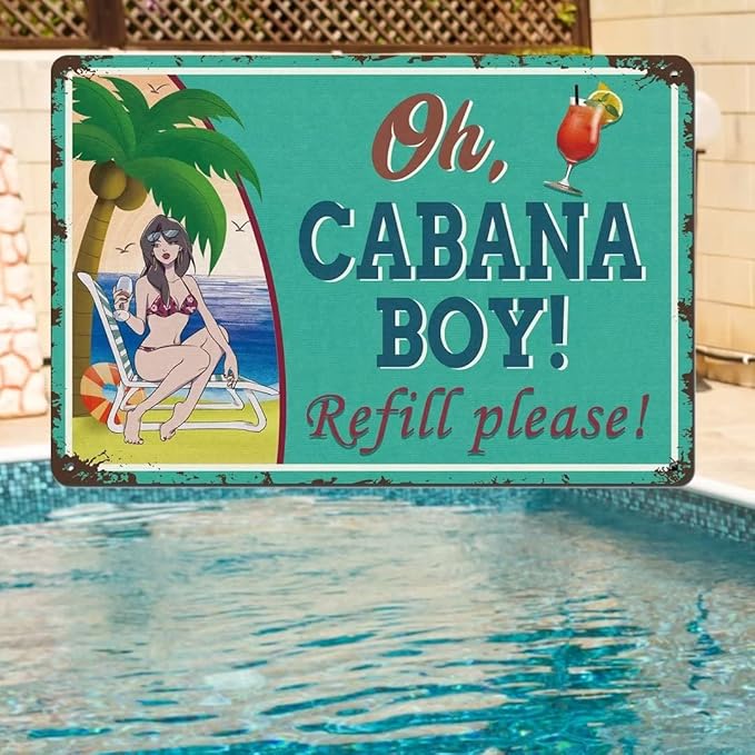 Cabana Boy Metal Sign Vintage Tiki Bar Signs for Outside Bar Home Yard Wall Decoration Pool Decor Patio Beach 12x8 Inch