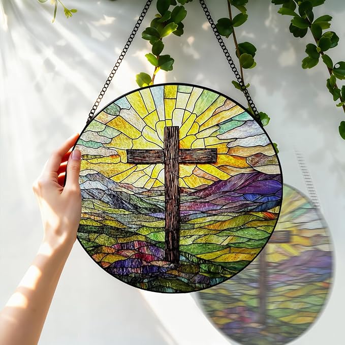 Stained Glass Cross Mountains Suncatcher, 8 Inch Christian Stained Glass Window Hanging, Religious Sun Catchers Indoor Window, Nature Landscape Ornaments Home Garden Decor Easter Faith Christian Gift