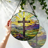 Stained Glass Cross Mountains Suncatcher, 8 Inch Christian Stained Glass Window Hanging, Religious Sun Catchers Indoor Window, Nature Landscape Ornaments Home Garden Decor Easter Faith Christian Gift
