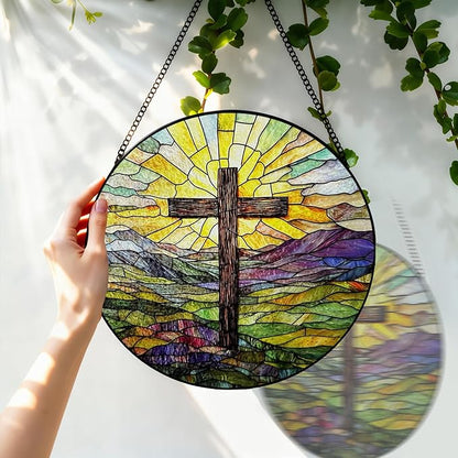 Stained Glass Cross Mountains Suncatcher, 8 Inch Christian Stained Glass Window Hanging, Religious Sun Catchers Indoor Window, Nature Landscape Ornaments Home Garden Decor Easter Faith Christian Gift
