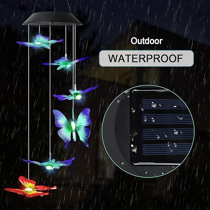 MorTime 25" LED Solar Wind Chime, Color Changing Solar Butterfly Wind Chimes Mobile Hanging Wind Chime for OutsideHome Garden Decoration