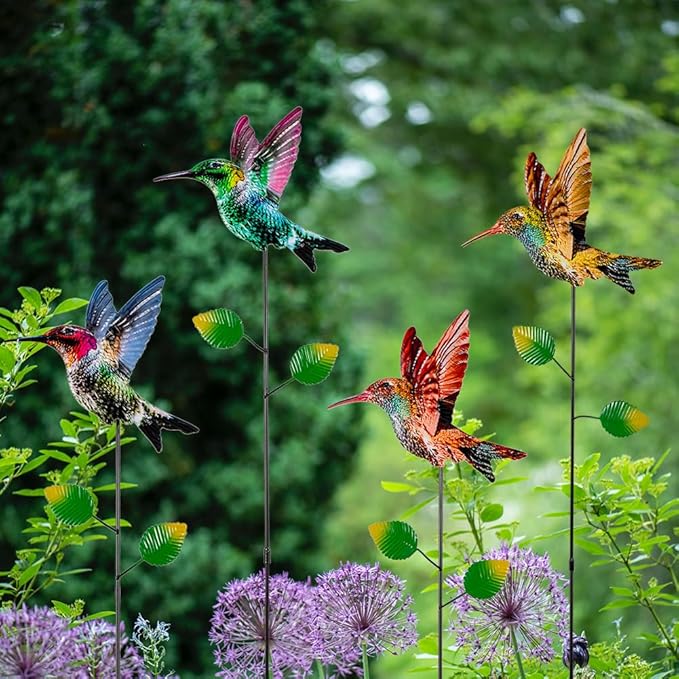 4 Pack Hummingbird Decorative Garden Stakes,Waterproof Garden Decor for Outside,Metal Yard Art Spring Decor for Outdoor Porch Lawn Pathway