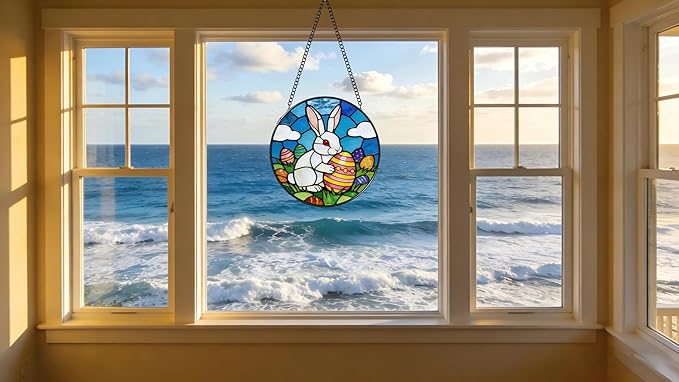 Funoasis Bunny Stained Glass Suncatcher - 6.3 Inches Easter Egg Hanging Window Ornaments for Home and Garden Holidy Gift