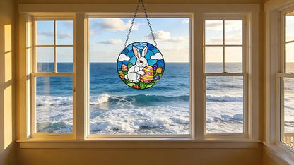 Funoasis Bunny Stained Glass Suncatcher - 6.3 Inches Easter Egg Hanging Window Ornaments for Home and Garden Holidy Gift