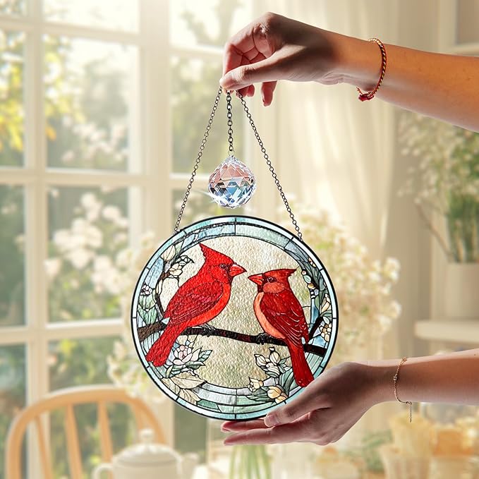 7.8" Cardinal Stained Glass Suncatchers, Red Birds and Flower Art Glass Sun Catcher for Window Hanging, Gifts for Bird Lovers Women Grandma Mom, Memorial Keepsake Painted Panel Décor BIRD-02B-SG8